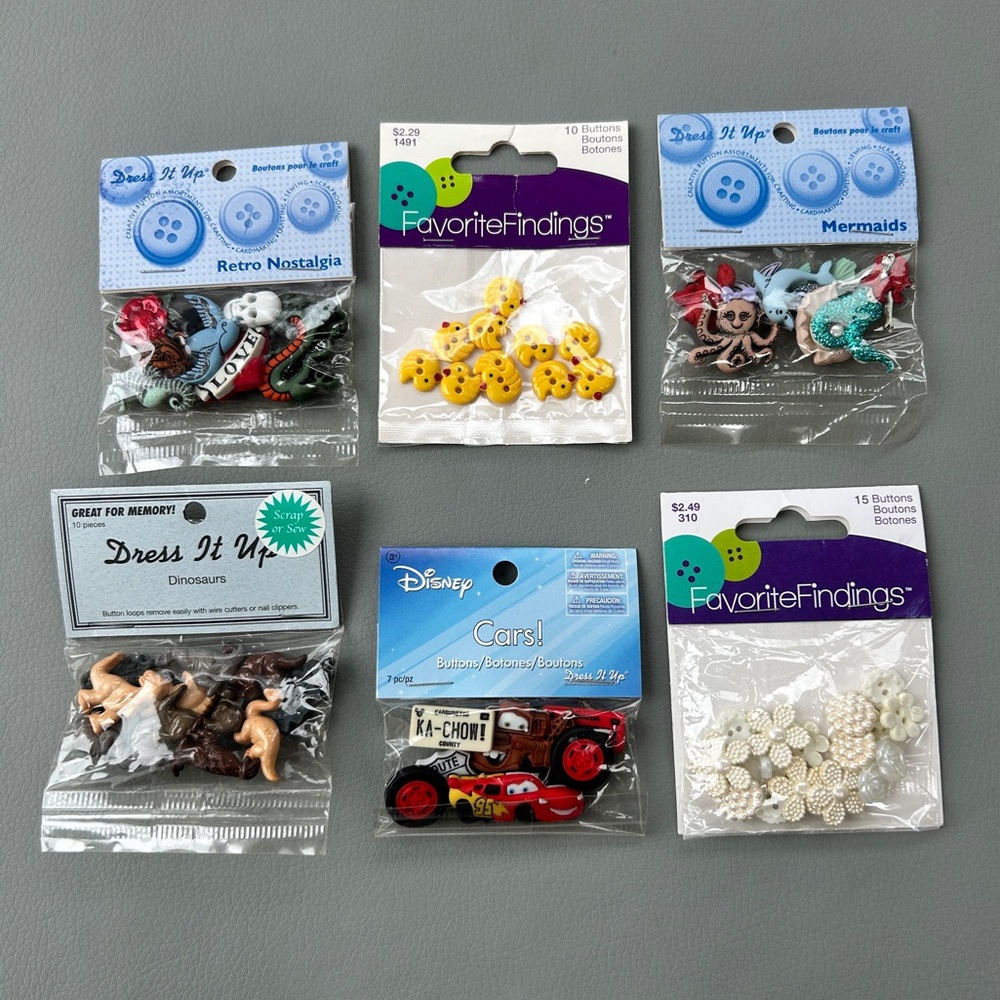 NWT Old Stock Button Collection Disney Cars Mermaid Duck Dinosaurs Pearl Floral